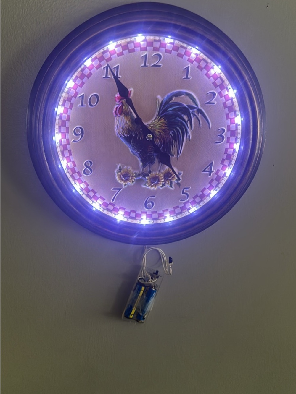 Rooster Accent Wall Clock with Purple LED Ring